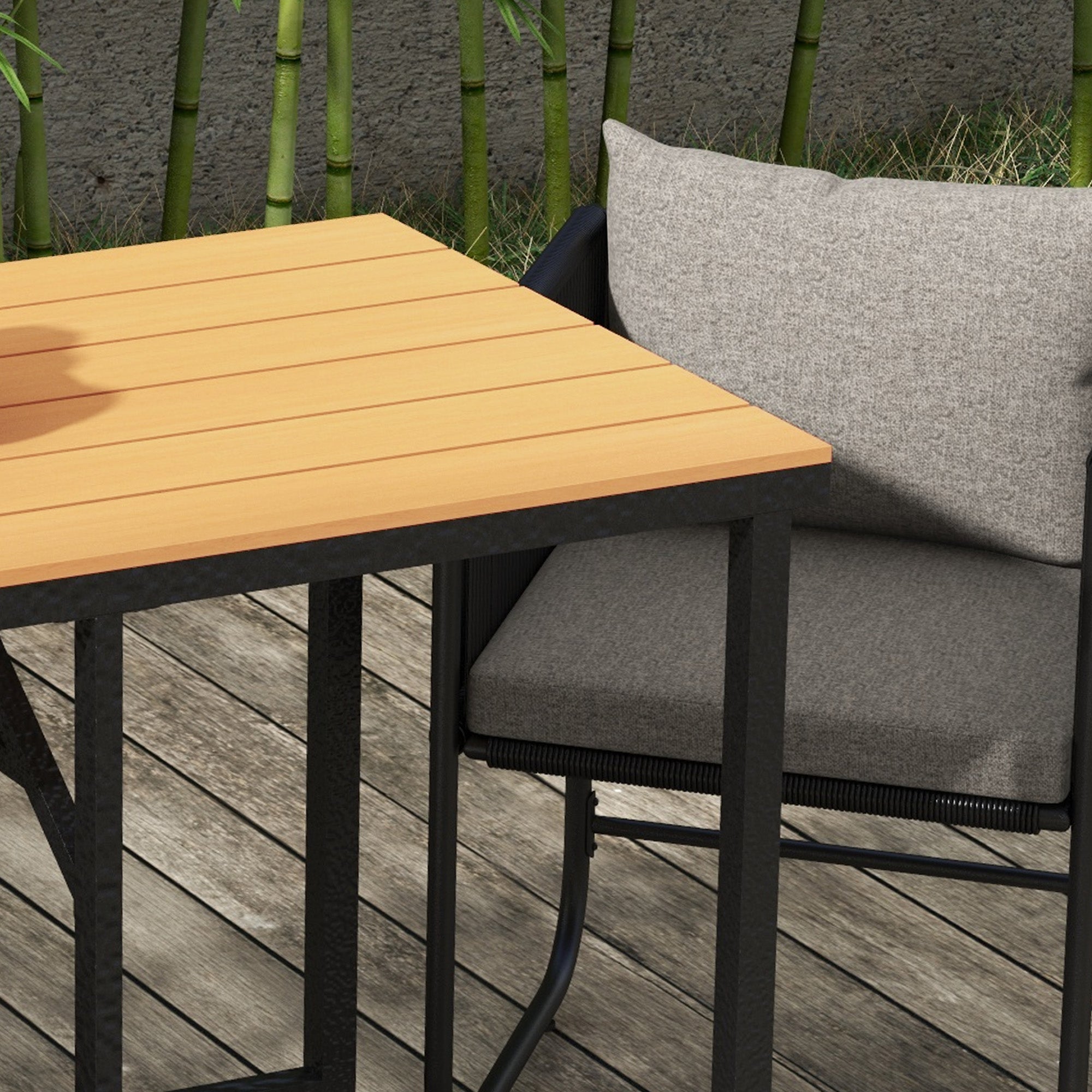 Garden Set 3-piece outdoor ensemble with 1 table and 2 chairs 4 cushions black wood-look composite tabletop