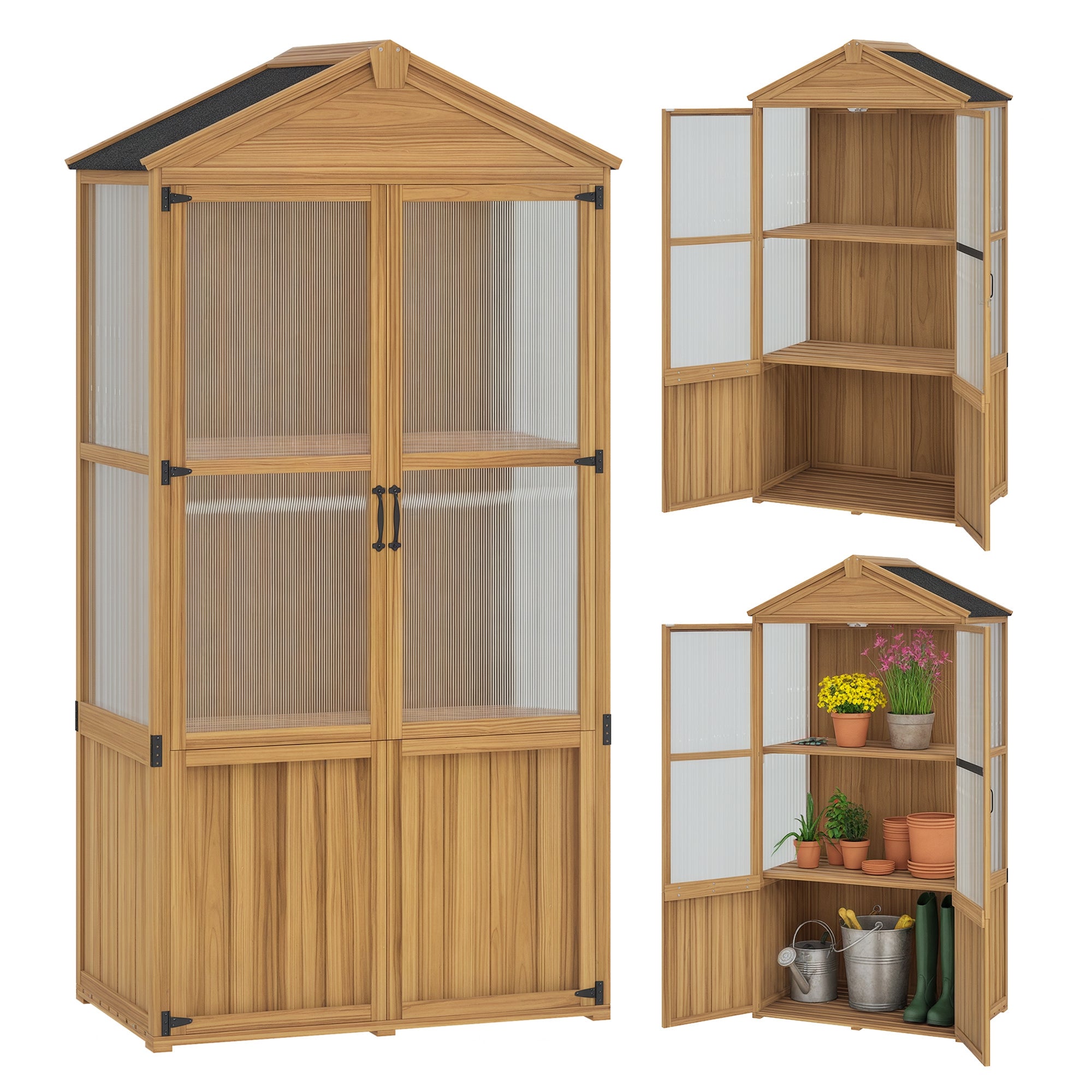 Wooden Garden Shelter, Wooden Garden Cabinet with Acrylic Panels, Asphalt Roof, and Removable Shelves, Tool Shed with Double Doors, 94 x 55 x 178 cm, Natural