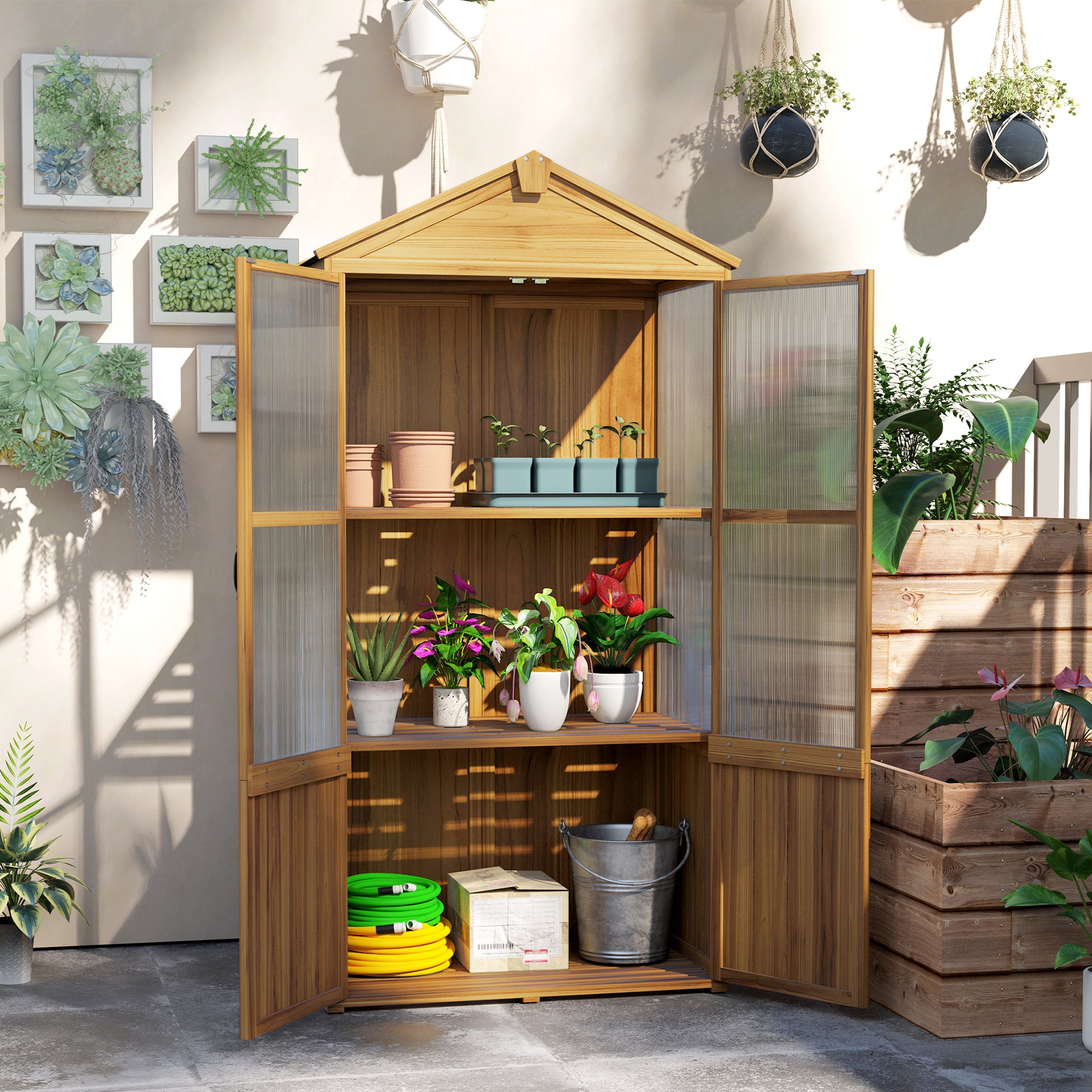 Wooden Garden Shelter, Wooden Garden Cabinet with Acrylic Panels, Asphalt Roof, and Removable Shelves, Tool Shed with Double Doors, 94 x 55 x 178 cm, Natural