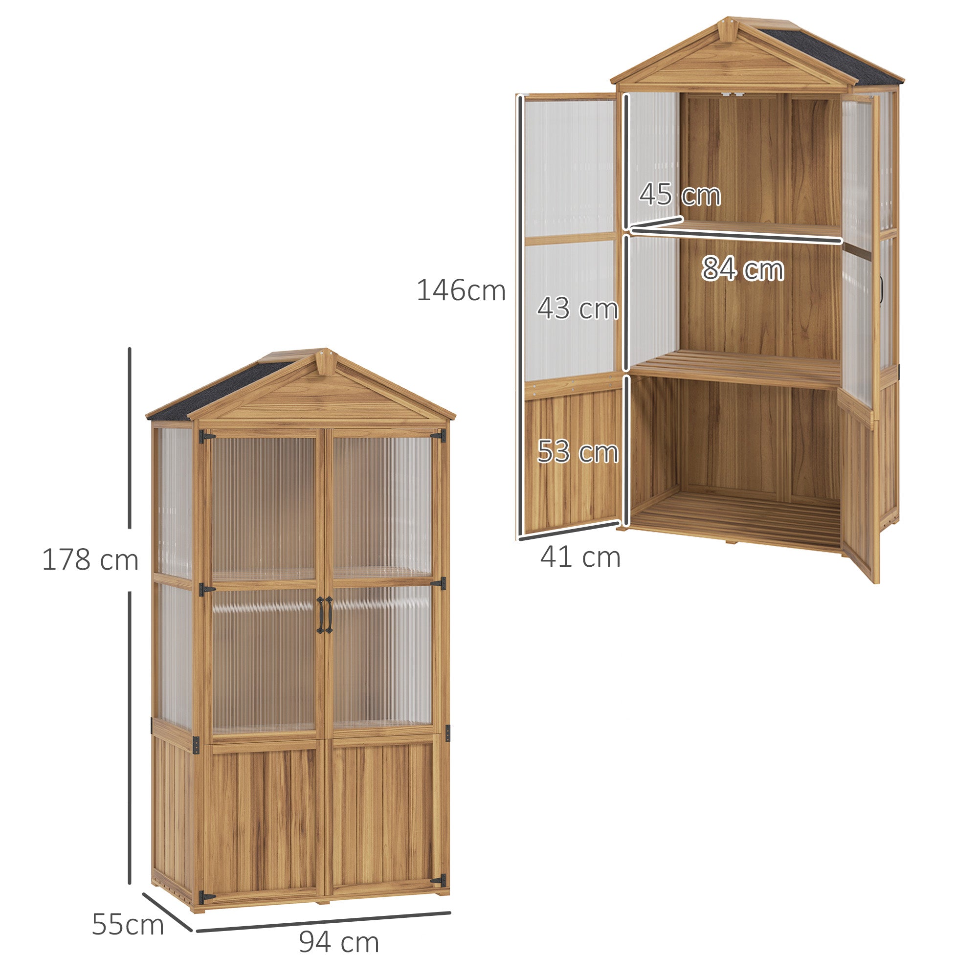 Wooden Garden Shelter, Wooden Garden Cabinet with Acrylic Panels, Asphalt Roof, and Removable Shelves, Tool Shed with Double Doors, 94 x 55 x 178 cm, Natural