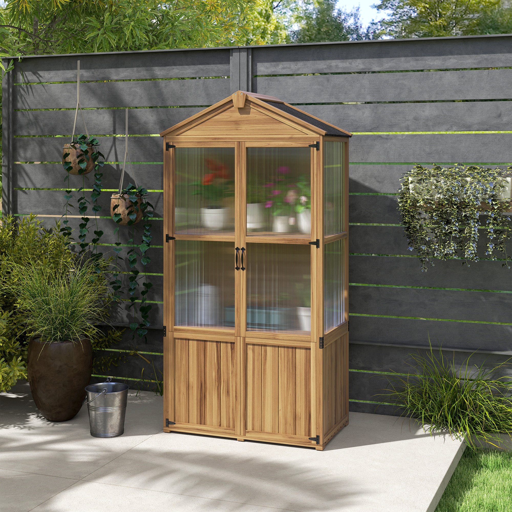 Wooden Garden Shelter, Wooden Garden Cabinet with Acrylic Panels, Asphalt Roof, and Removable Shelves, Tool Shed with Double Doors, 94 x 55 x 178 cm, Natural