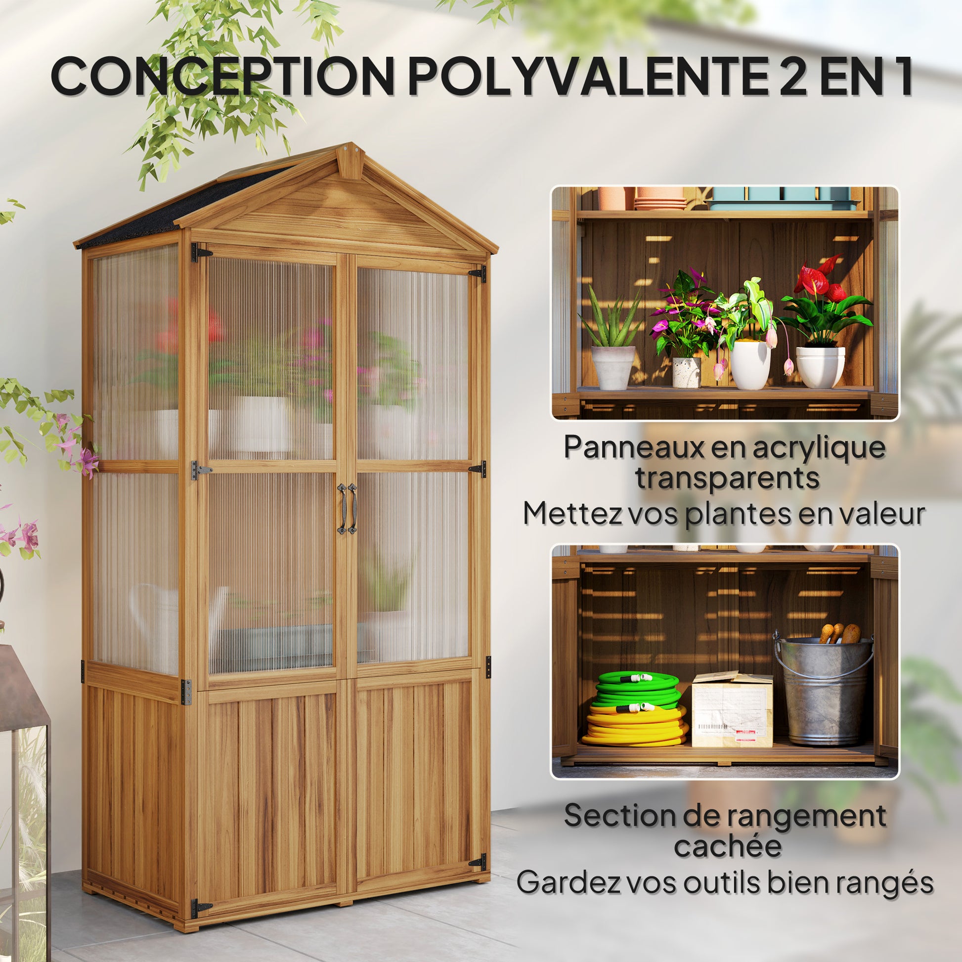 Wooden Garden Shelter, Wooden Garden Cabinet with Acrylic Panels, Asphalt Roof, and Removable Shelves, Tool Shed with Double Doors, 94 x 55 x 178 cm, Natural