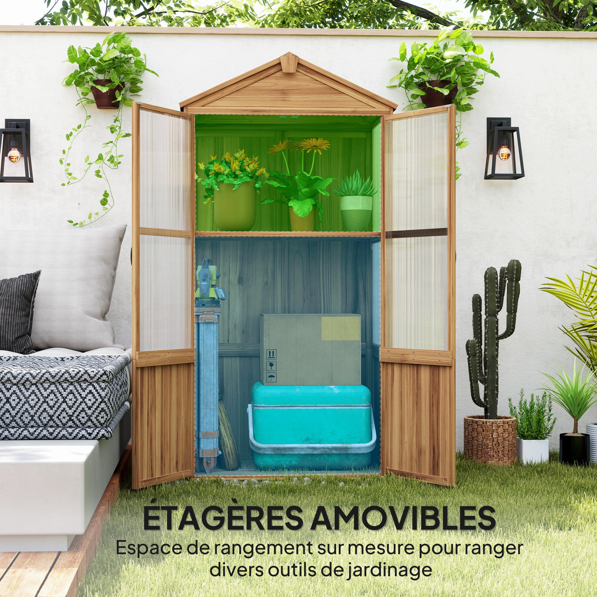 Wooden Garden Shelter, Wooden Garden Cabinet with Acrylic Panels, Asphalt Roof, and Removable Shelves, Tool Shed with Double Doors, 94 x 55 x 178 cm, Natural