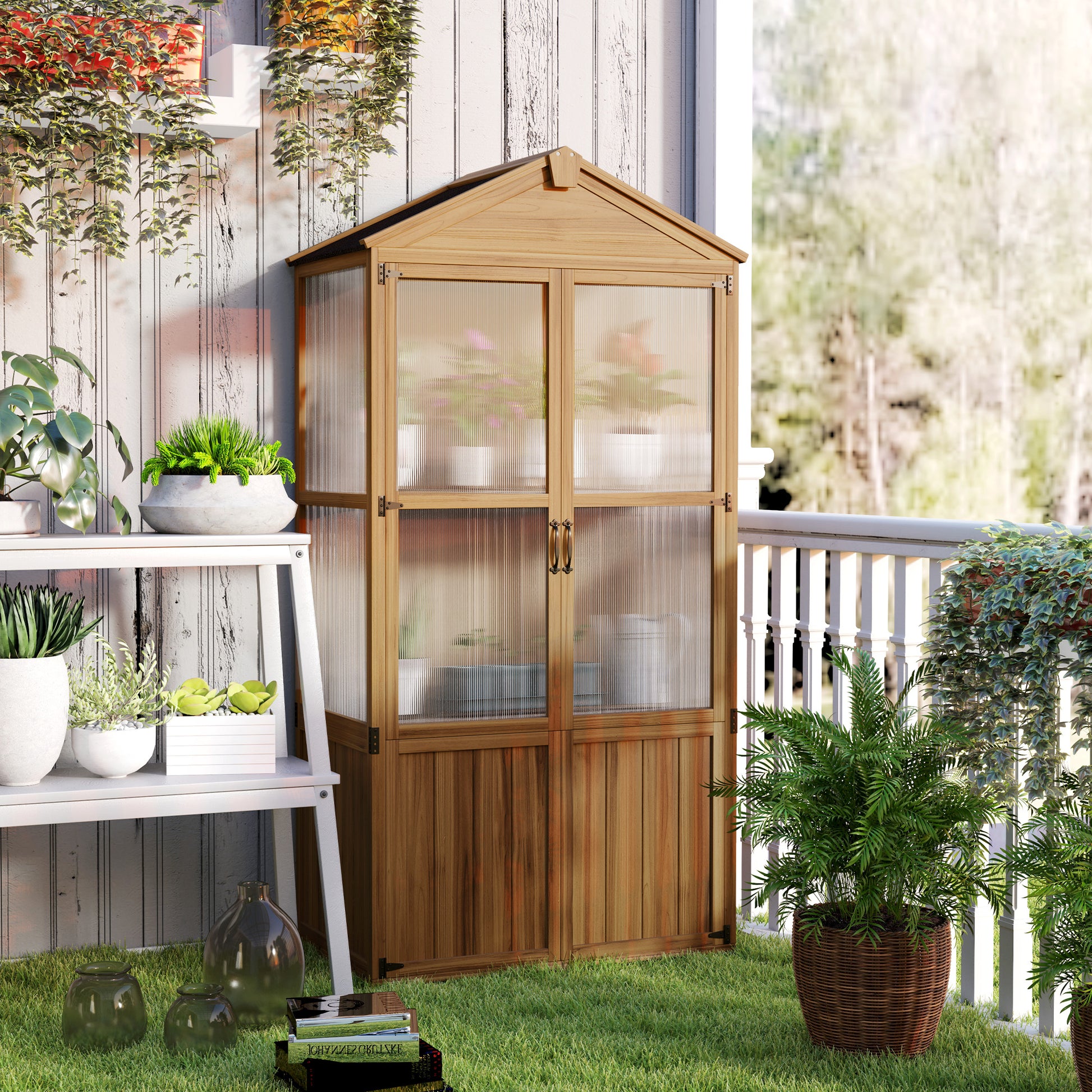 Wooden Garden Shelter, Wooden Garden Cabinet with Acrylic Panels, Asphalt Roof, and Removable Shelves, Tool Shed with Double Doors, 94 x 55 x 178 cm, Natural