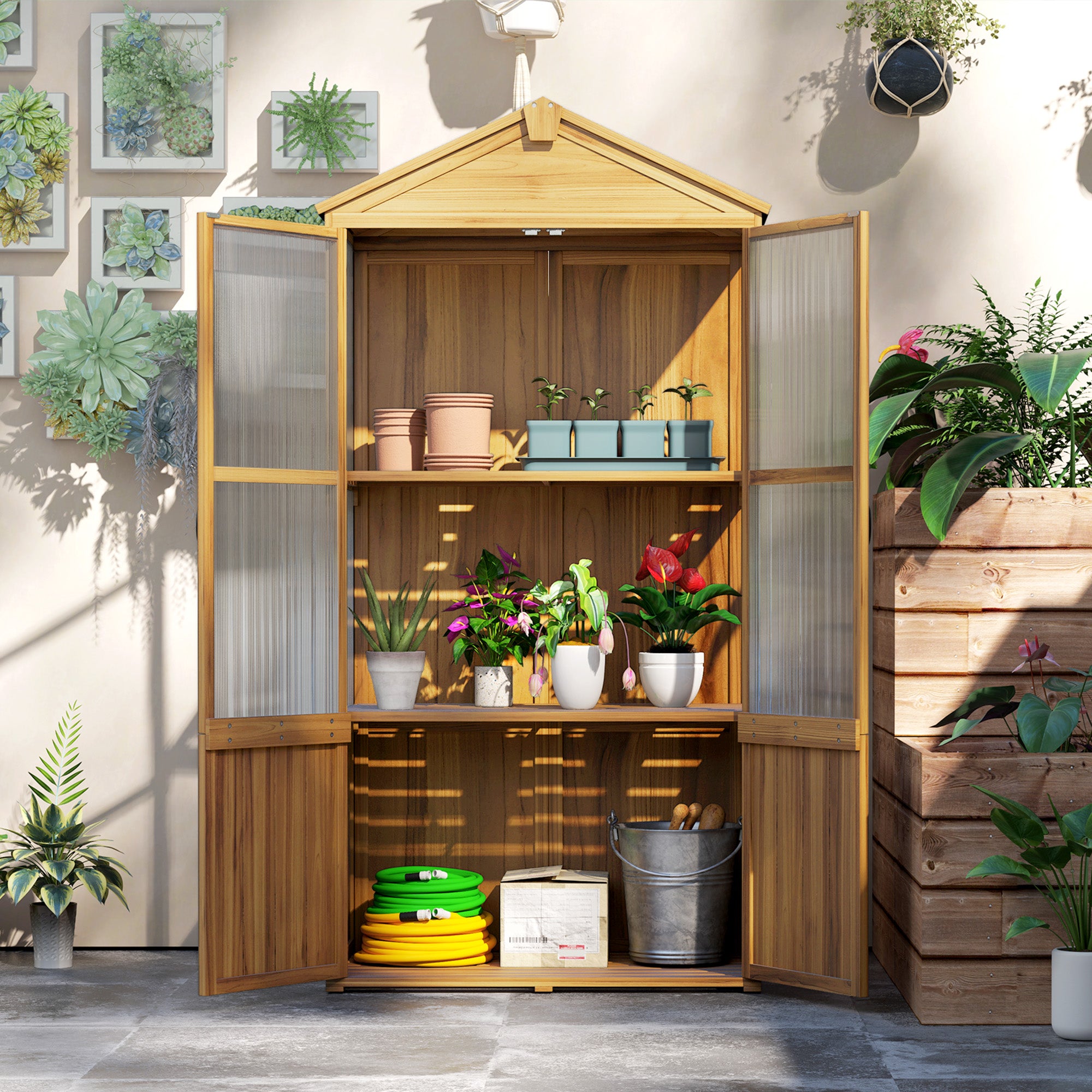 Wooden Garden Shelter, Wooden Garden Cabinet with Acrylic Panels, Asphalt Roof, and Removable Shelves, Tool Shed with Double Doors, 94 x 55 x 178 cm, Natural