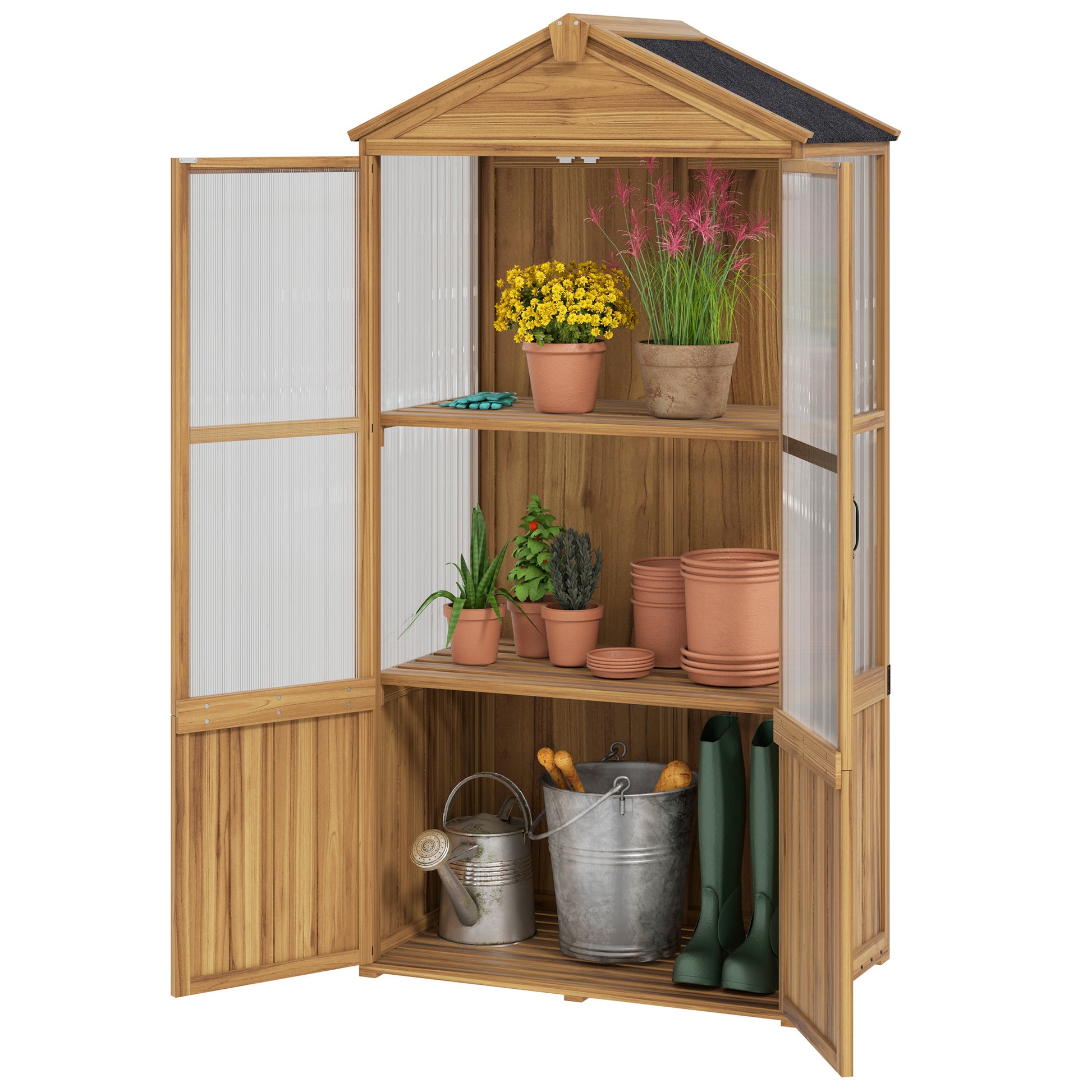 Wooden Garden Shelter, Wooden Garden Cabinet with Acrylic Panels, Asphalt Roof, and Removable Shelves, Tool Shed with Double Doors, 94 x 55 x 178 cm, Natural