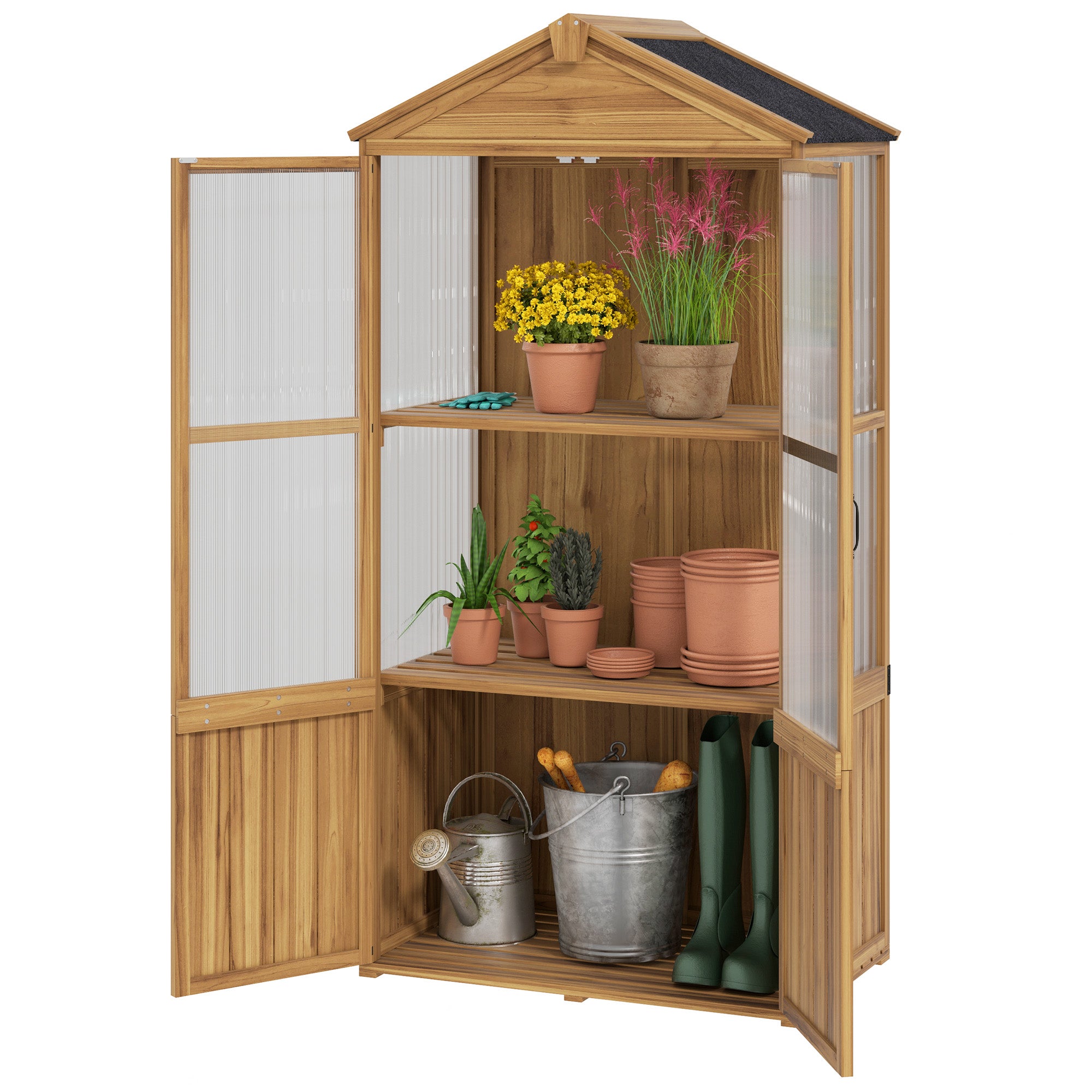 Wooden Garden Shelter, Wooden Garden Cabinet with Acrylic Panels, Asphalt Roof, and Removable Shelves, Tool Shed with Double Doors, 94 x 55 x 178 cm, Natural