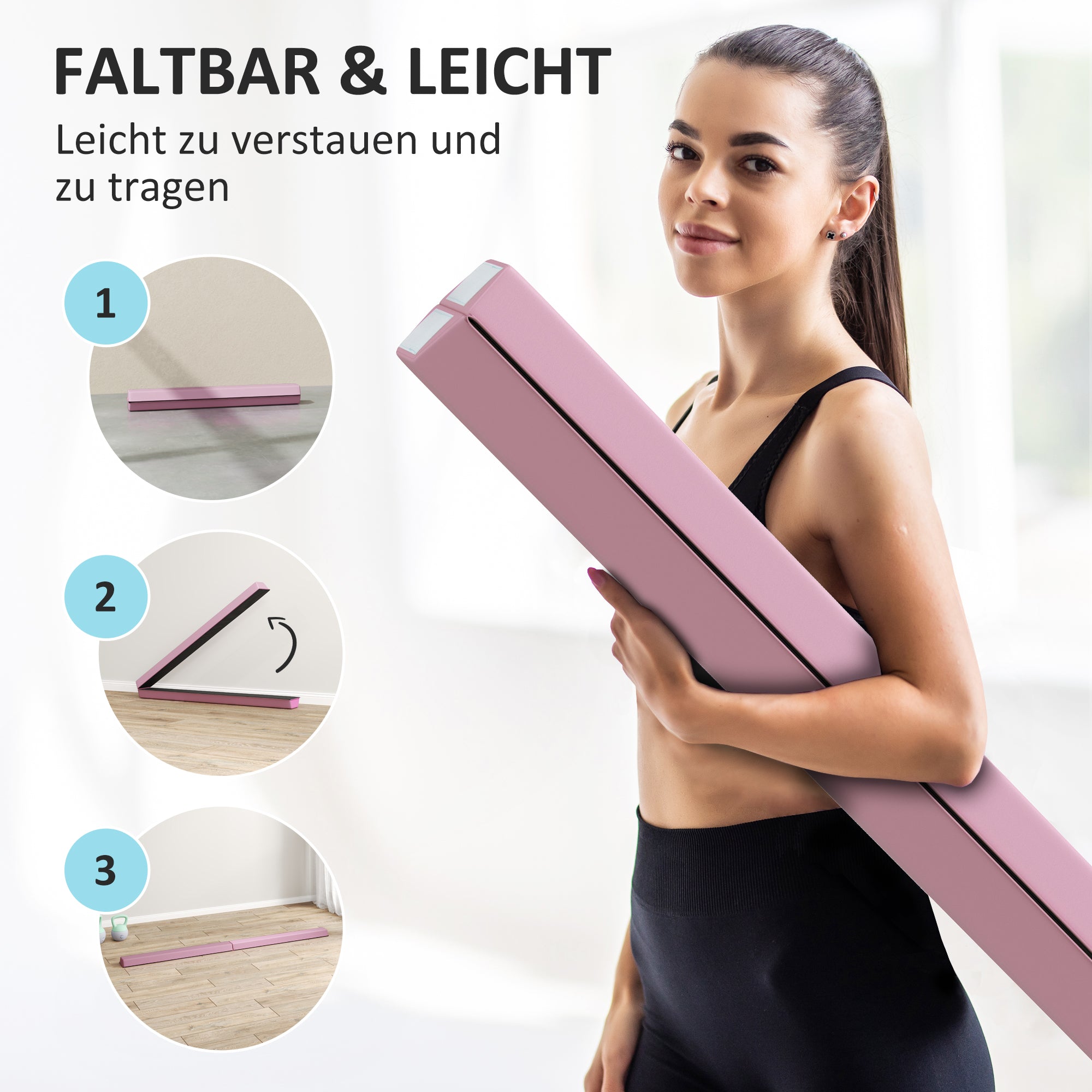 SPORTNOW 236 cm Folding Balance Beam, Portable Gymnastics Beam, Non-Slip Balance Beam, Gymnastics and Balance Beam for Children 3 Years and Up, Indoor & Outdoor, Pink