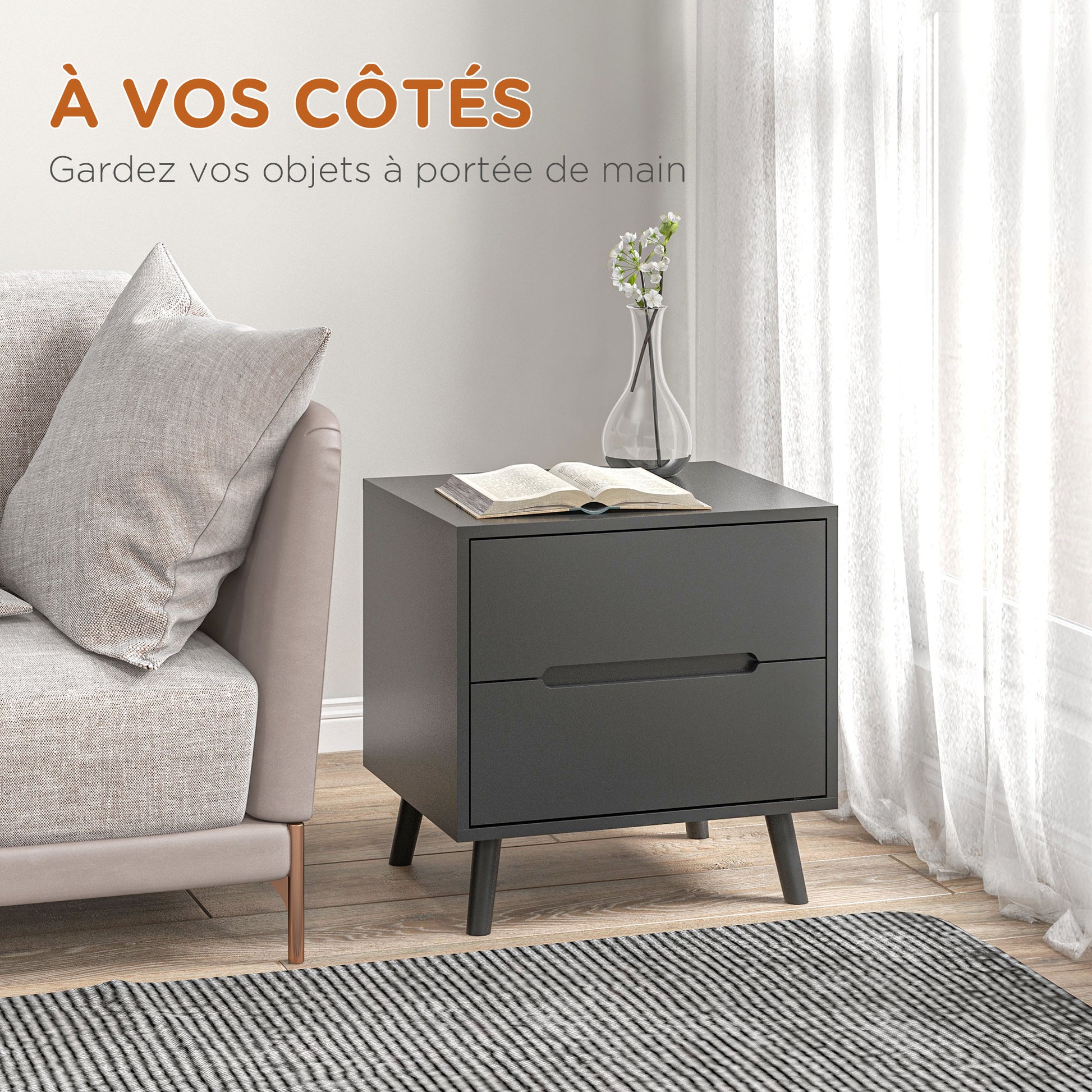 Bedside Table Nightstand with 2 Drawers, Modern Style for Bedroom, Living Room, 50 x 40 x 50.5 cm, Black