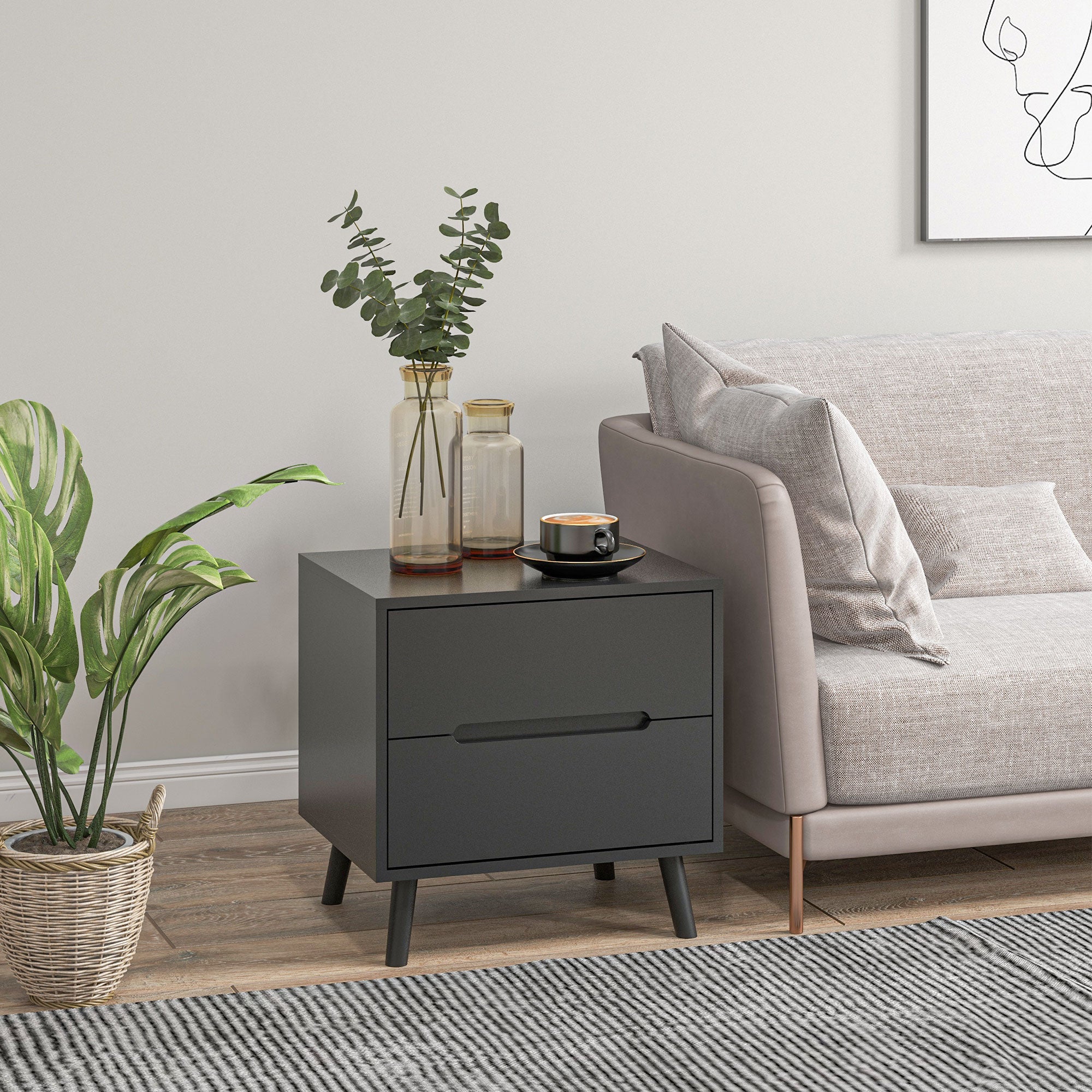 Bedside Table Nightstand with 2 Drawers, Modern Style for Bedroom, Living Room, 50 x 40 x 50.5 cm, Black
