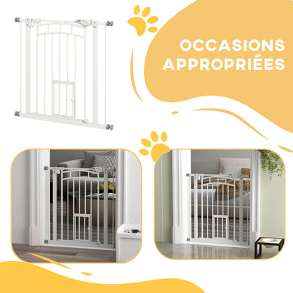 Dog Safety Gate, Pressure-Mounted Stair Gate, No Drill Installation, Auto-Close Door, Double Locking System, 74 to 80 cm, Steel, White