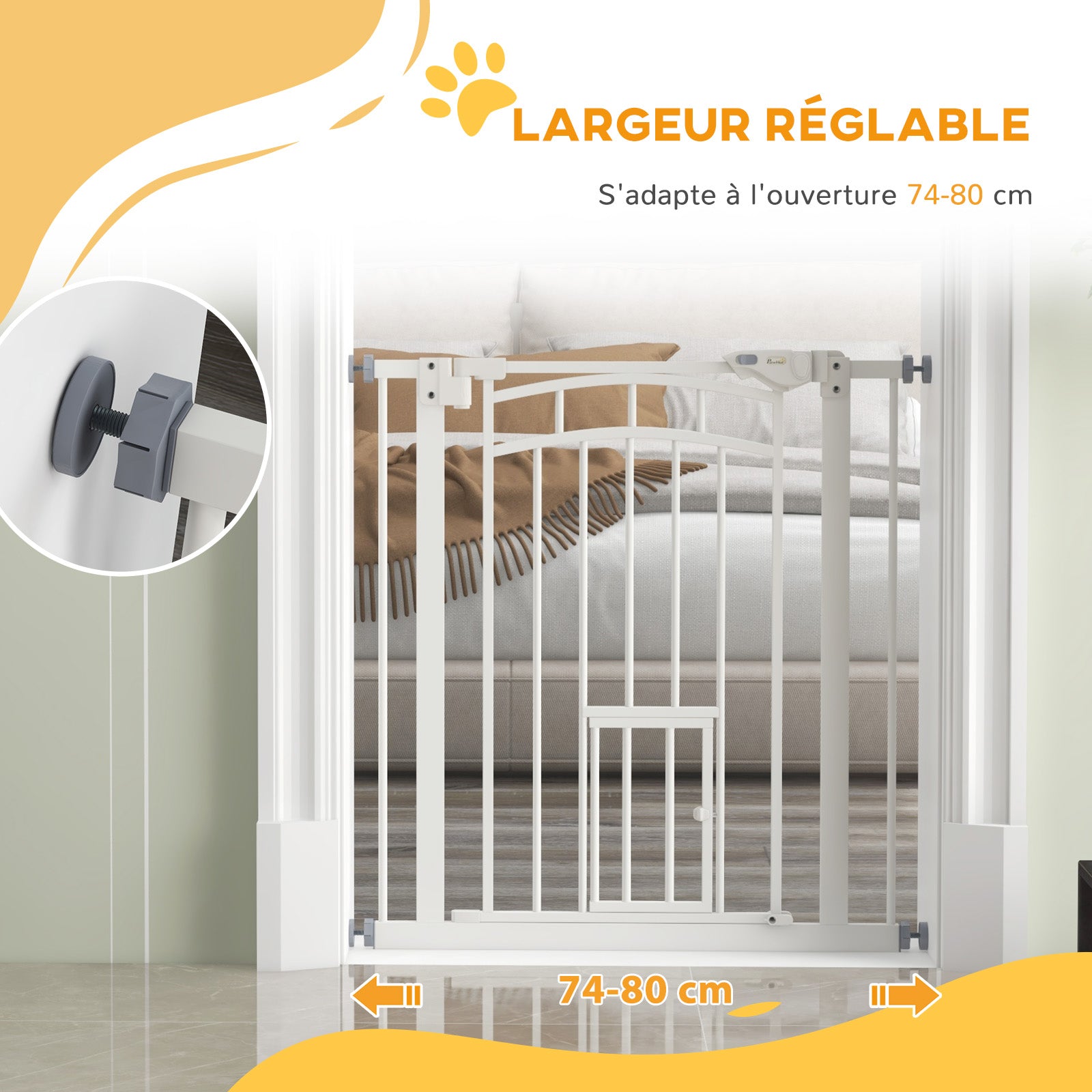 Dog Safety Gate, Pressure-Mounted Stair Gate, No Drill Installation, Auto-Close Door, Double Locking System, 74 to 80 cm, Steel, White