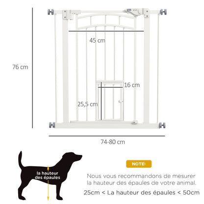 Dog Safety Gate, Pressure-Mounted Stair Gate, No Drill Installation, Auto-Close Door, Double Locking System, 74 to 80 cm, Steel, White