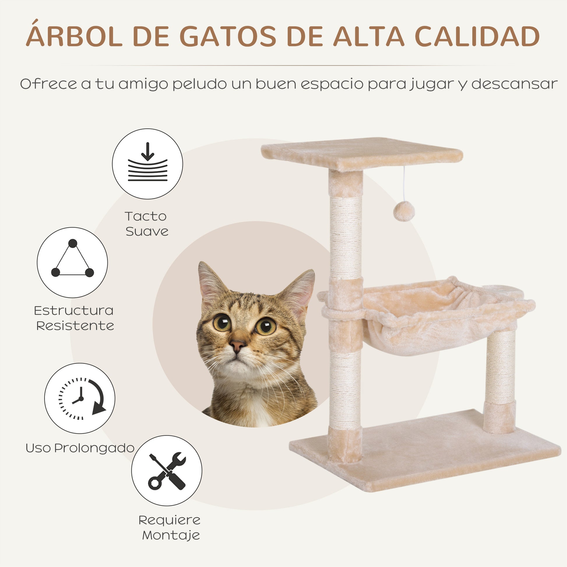 Cat Scratching Tree Activity Center Platform House Sisal Posts Hammock Ball 50x36x70 cm Beige