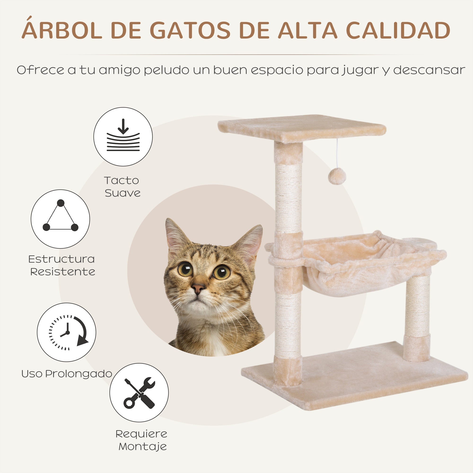 Cat Scratching Tree Activity Center Platform House Sisal Posts Hammock Ball 50x36x70 cm Beige