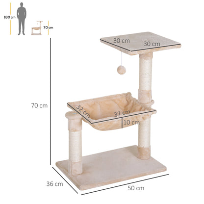 Cat Scratching Tree Activity Center Platform House Sisal Posts Hammock Ball 50x36x70 cm Beige