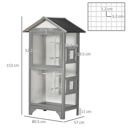 Outdoor Bird Aviary in Light Gray Fir Wood, 3 Openings with Lock, 4 Perches, and Removable Tray, 80.5x57x153cm