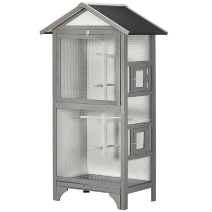 Outdoor Bird Aviary in Light Gray Fir Wood, 3 Openings with Lock, 4 Perches, and Removable Tray, 80.5x57x153cm