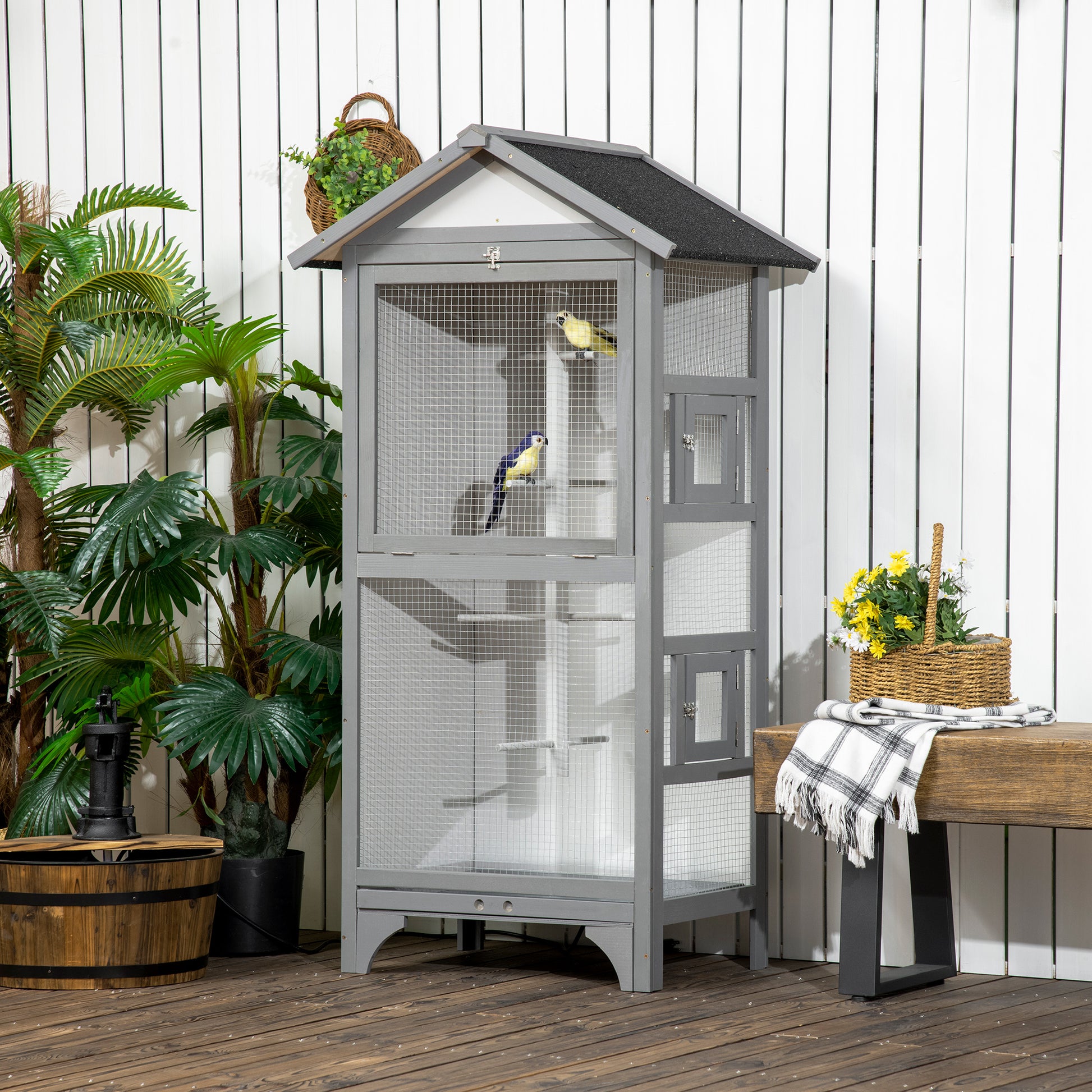 Outdoor Bird Aviary in Light Gray Fir Wood, 3 Openings with Lock, 4 Perches, and Removable Tray, 80.5x57x153cm