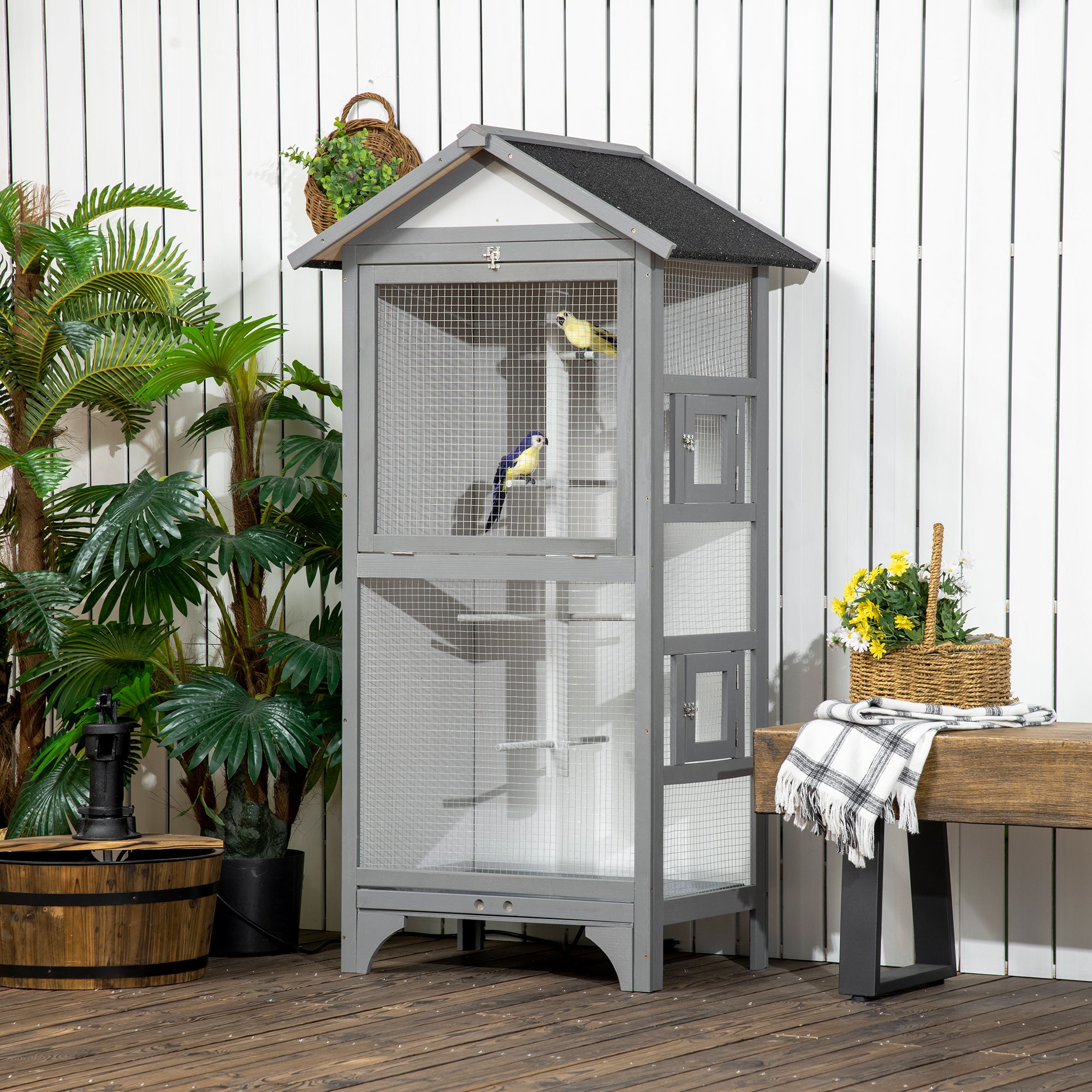 Outdoor Bird Aviary in Light Gray Fir Wood, 3 Openings with Lock, 4 Perches, and Removable Tray, 80.5x57x153cm