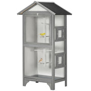 Outdoor Bird Aviary in Light Gray Fir Wood, 3 Openings with Lock, 4 Perches, and Removable Tray, 80.5x57x153cm