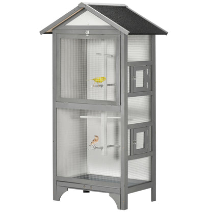 Outdoor Bird Aviary in Light Gray Fir Wood, 3 Openings with Lock, 4 Perches, and Removable Tray, 80.5x57x153cm