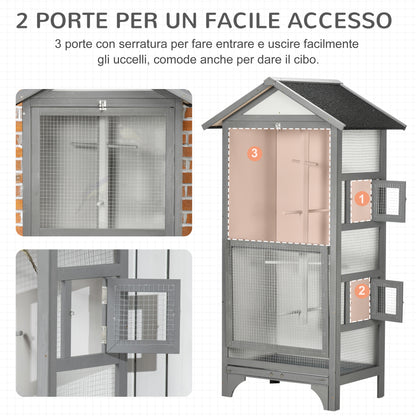 Outdoor Bird Aviary in Light Gray Fir Wood, 3 Openings with Lock, 4 Perches, and Removable Tray, 80.5x57x153cm