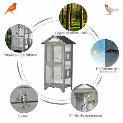 Outdoor Bird Aviary in Light Gray Fir Wood, 3 Openings with Lock, 4 Perches, and Removable Tray, 80.5x57x153cm