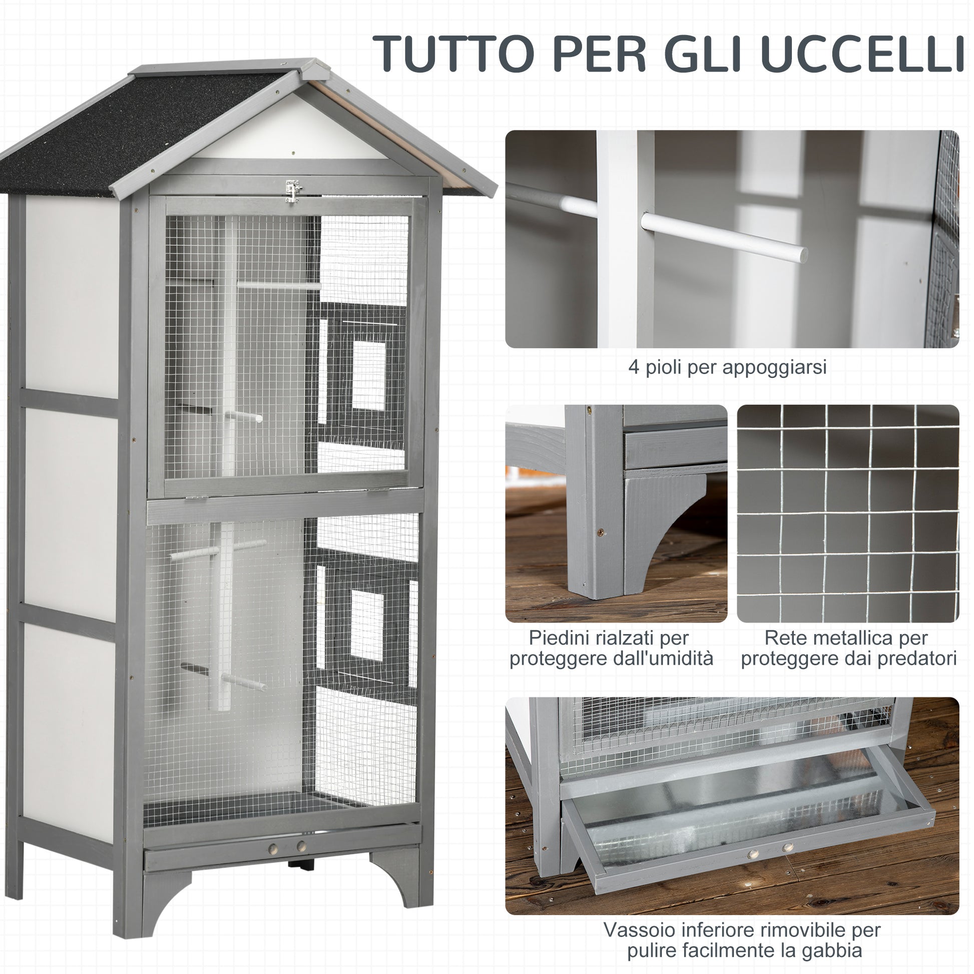 Outdoor Bird Aviary in Light Gray Fir Wood, 3 Openings with Lock, 4 Perches, and Removable Tray, 80.5x57x153cm
