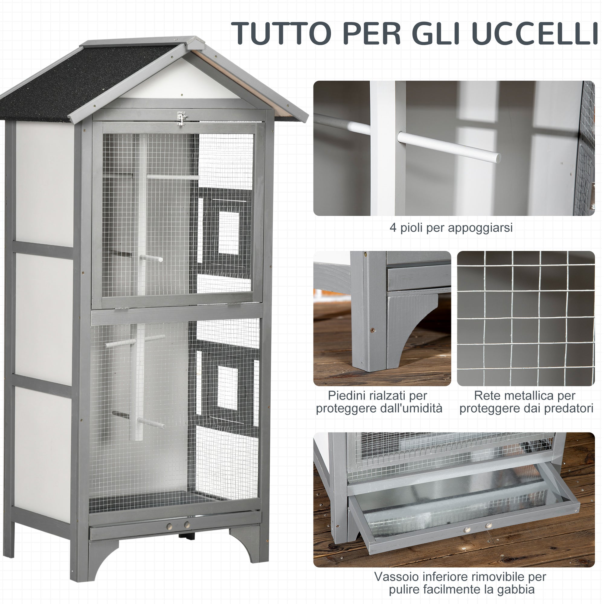 Outdoor Bird Aviary in Light Gray Fir Wood, 3 Openings with Lock, 4 Perches, and Removable Tray, 80.5x57x153cm