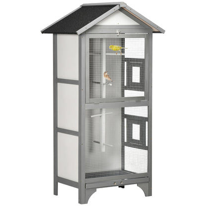 Outdoor Bird Aviary in Light Gray Fir Wood, 3 Openings with Lock, 4 Perches, and Removable Tray, 80.5x57x153cm