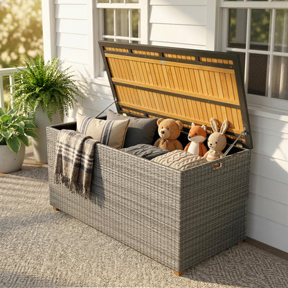 2-in-1 Outdoor Rattan Storage Box 450 L — Waterproof Cushion Box with FSC Acacia Wood Lid, Gas Strut, Lined Interior, UV & Weather Resistant, Dark Gray