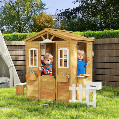 Wooden Children's Playhouse, Garden Playhouse for Kids with Windows, Fence, Planters, and Bench, 205x119x140 cm, Natural Wood and White