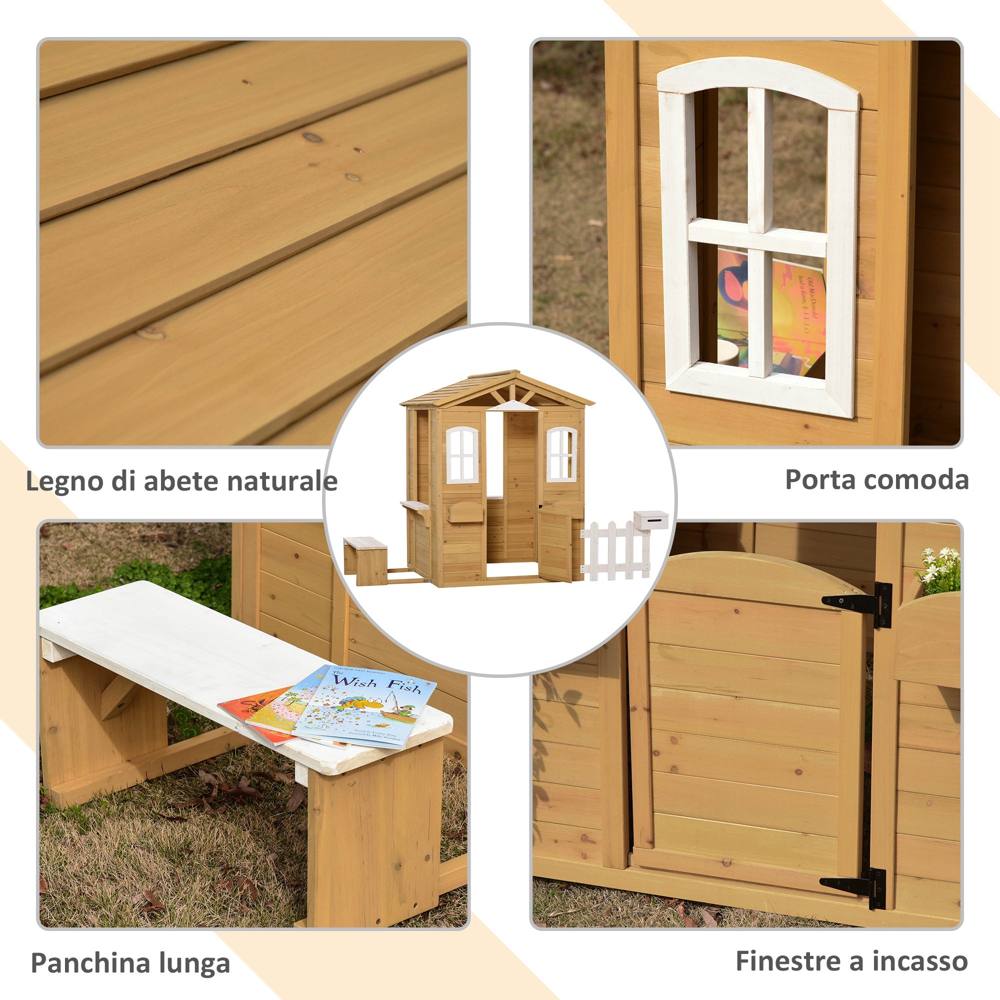 Wooden Children's Playhouse, Garden Playhouse for Kids with Windows, Fence, Planters, and Bench, 205x119x140 cm, Natural Wood and White