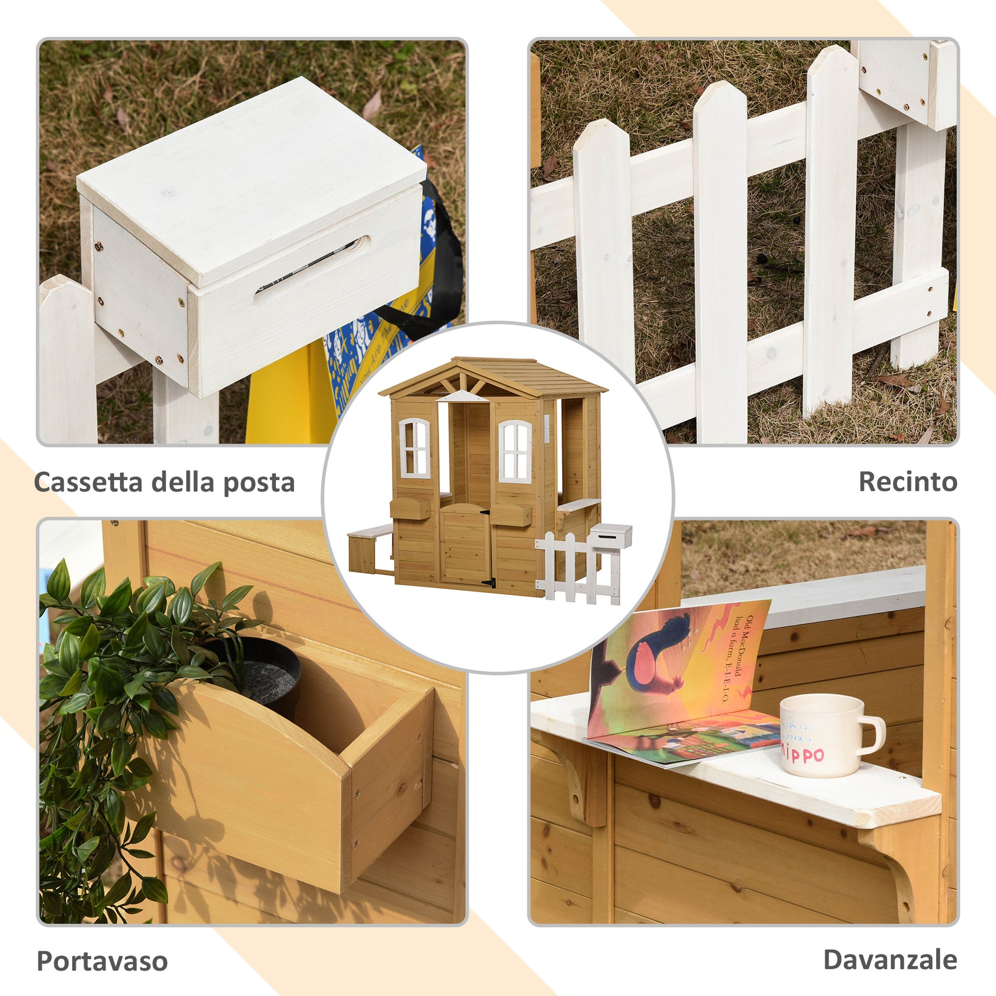Wooden Children's Playhouse, Garden Playhouse for Kids with Windows, Fence, Planters, and Bench, 205x119x140 cm, Natural Wood and White