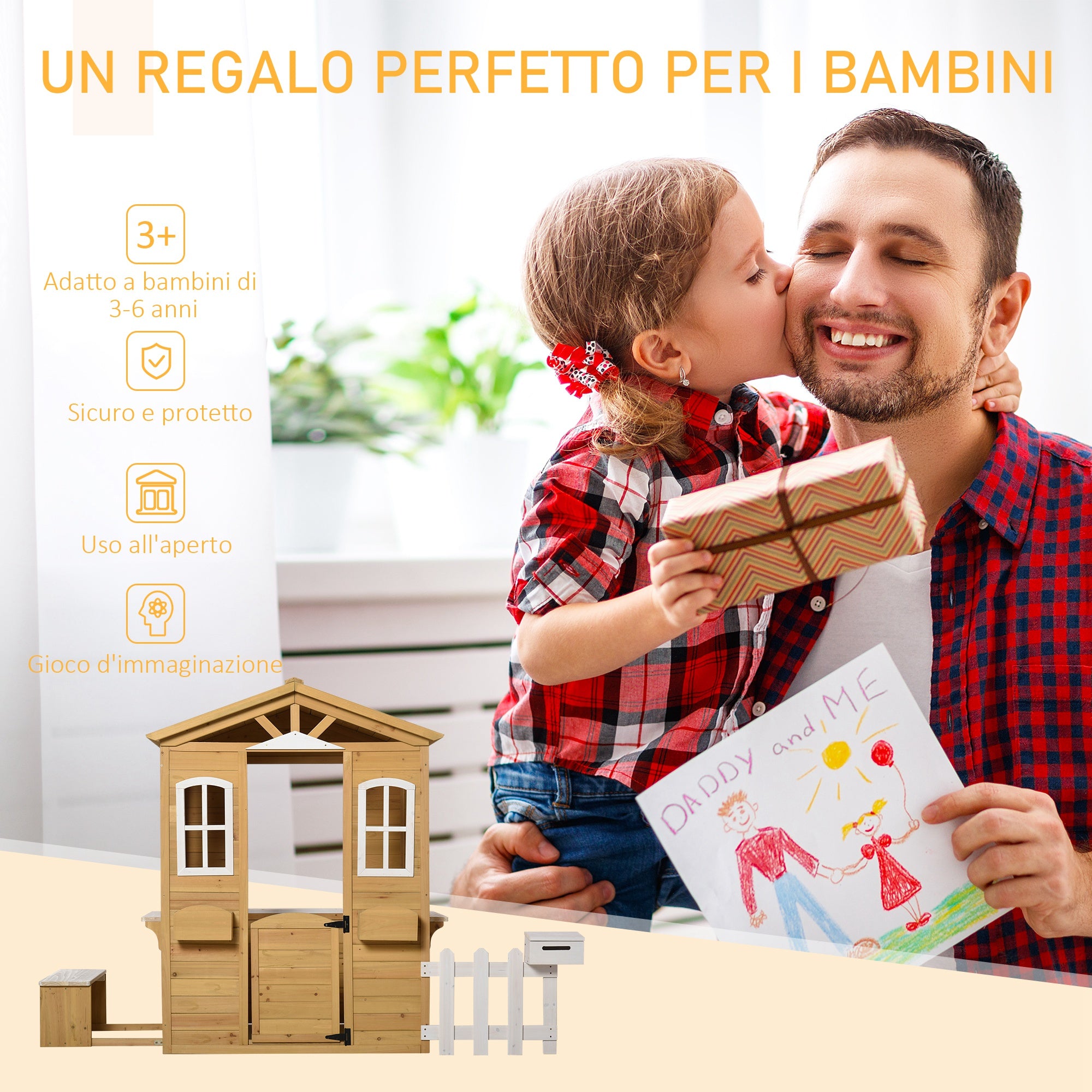 Wooden Children's Playhouse, Garden Playhouse for Kids with Windows, Fence, Planters, and Bench, 205x119x140 cm, Natural Wood and White