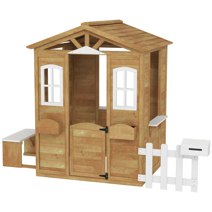 Wooden Children's Playhouse, Garden Playhouse for Kids with Windows, Fence, Planters, and Bench, 205x119x140 cm, Natural Wood and White
