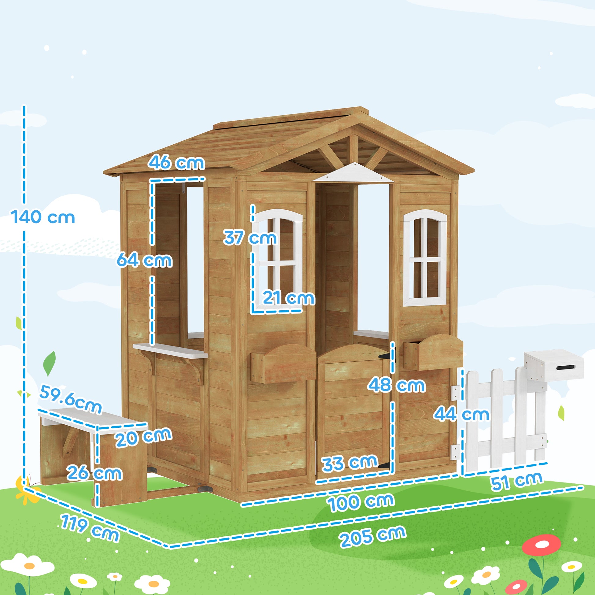 Wooden Children's Playhouse, Garden Playhouse for Kids with Windows, Fence, Planters, and Bench, 205x119x140 cm, Natural Wood and White