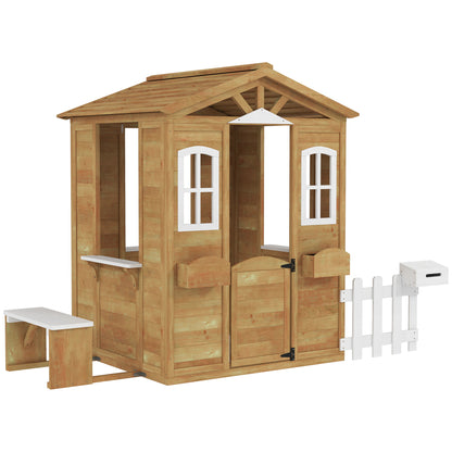 Wooden Children's Playhouse, Garden Playhouse for Kids with Windows, Fence, Planters, and Bench, 205x119x140 cm, Natural Wood and White