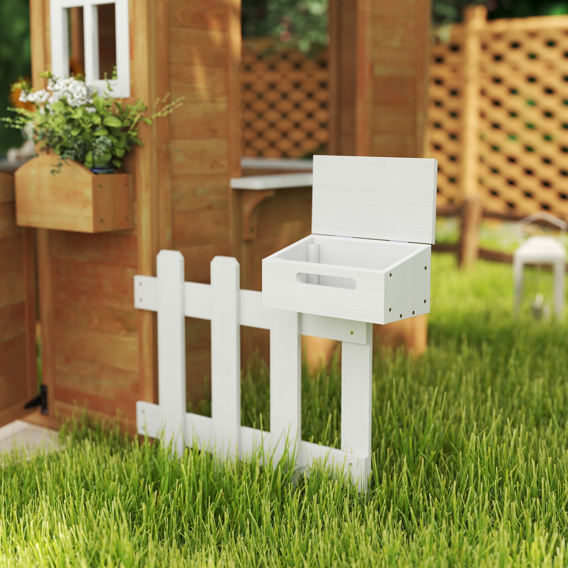 Wooden Children's Playhouse, Garden Playhouse for Kids with Windows, Fence, Planters, and Bench, 205x119x140 cm, Natural Wood and White