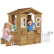 Wooden Children's Playhouse, Garden Playhouse for Kids with Windows, Fence, Planters, and Bench, 205x119x140 cm, Natural Wood and White