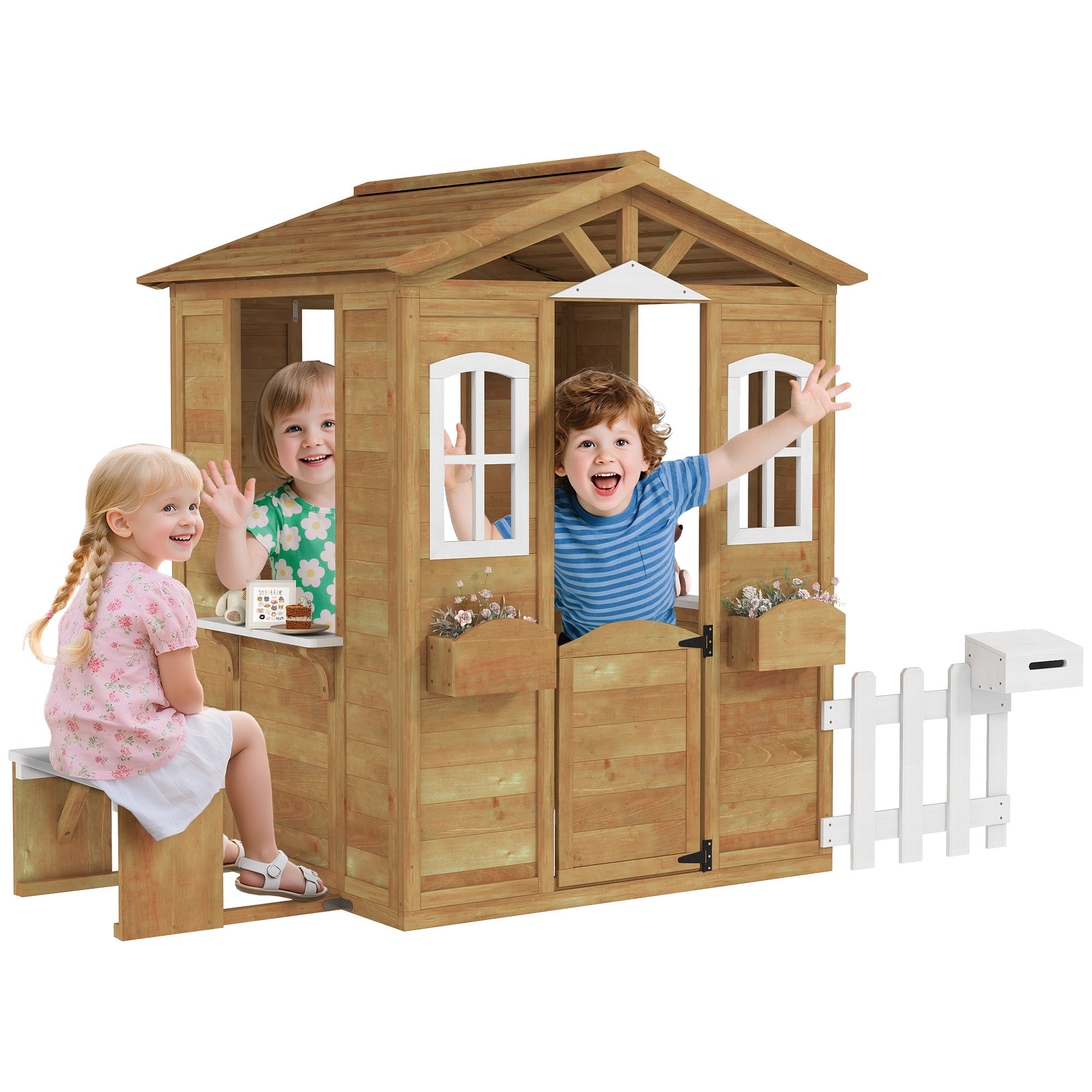 Wooden Children's Playhouse, Garden Playhouse for Kids with Windows, Fence, Planters, and Bench, 205x119x140 cm, Natural Wood and White