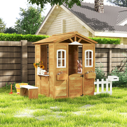Wooden Children's Playhouse, Garden Playhouse for Kids with Windows, Fence, Planters, and Bench, 205x119x140 cm, Natural Wood and White