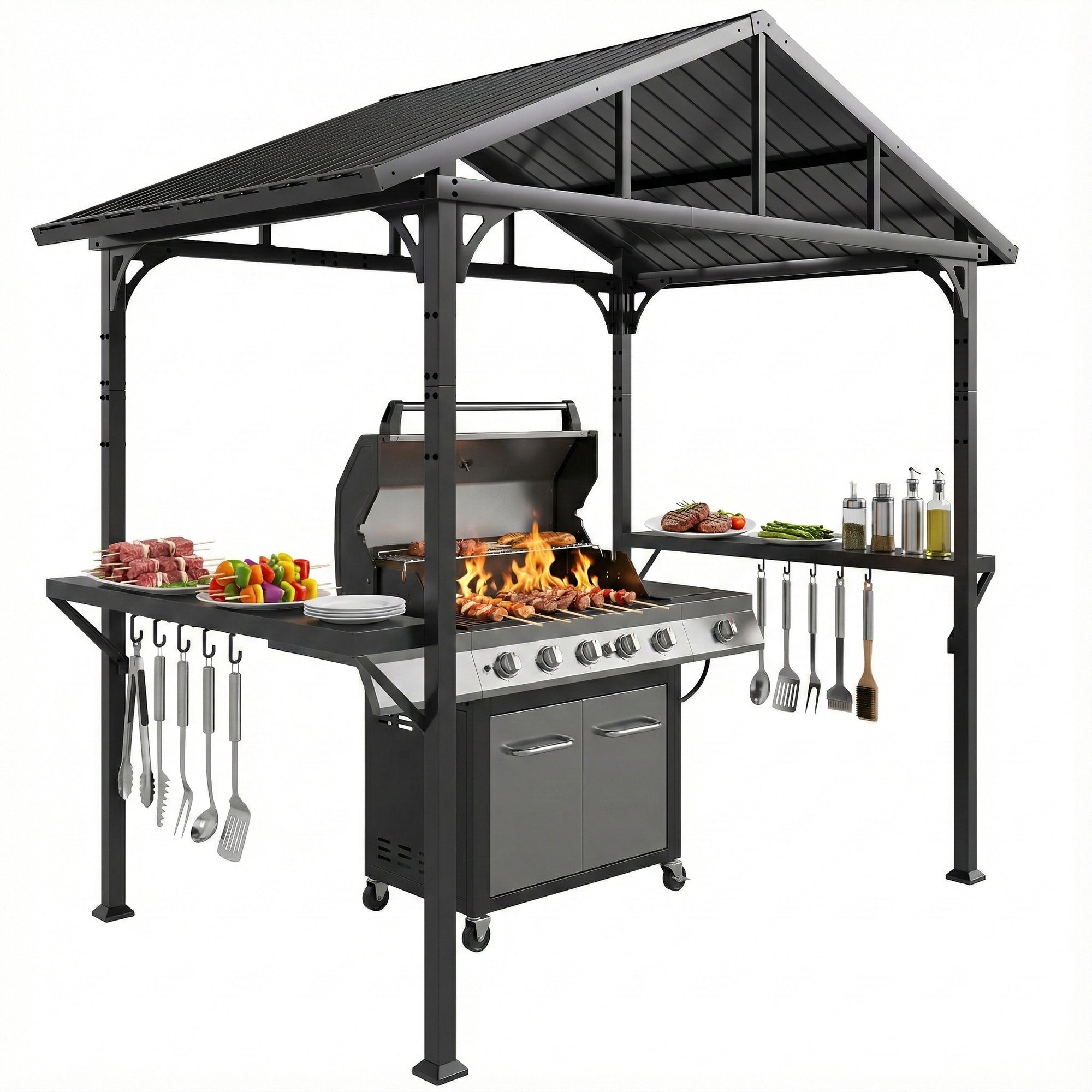 BBQ Shelter Gazebo 252 x 156 x 248 cm Steel Hard Top with 2 Side Shelves & Hooks — Outdoor Grill Canopy for Patio, Garden, Yard, Black