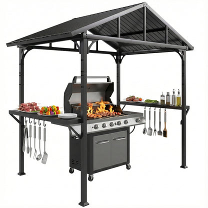 BBQ Shelter Gazebo 252 x 156 x 248 cm Steel Hard Top with 2 Side Shelves & Hooks — Outdoor Grill Canopy for Patio, Garden, Yard, Black