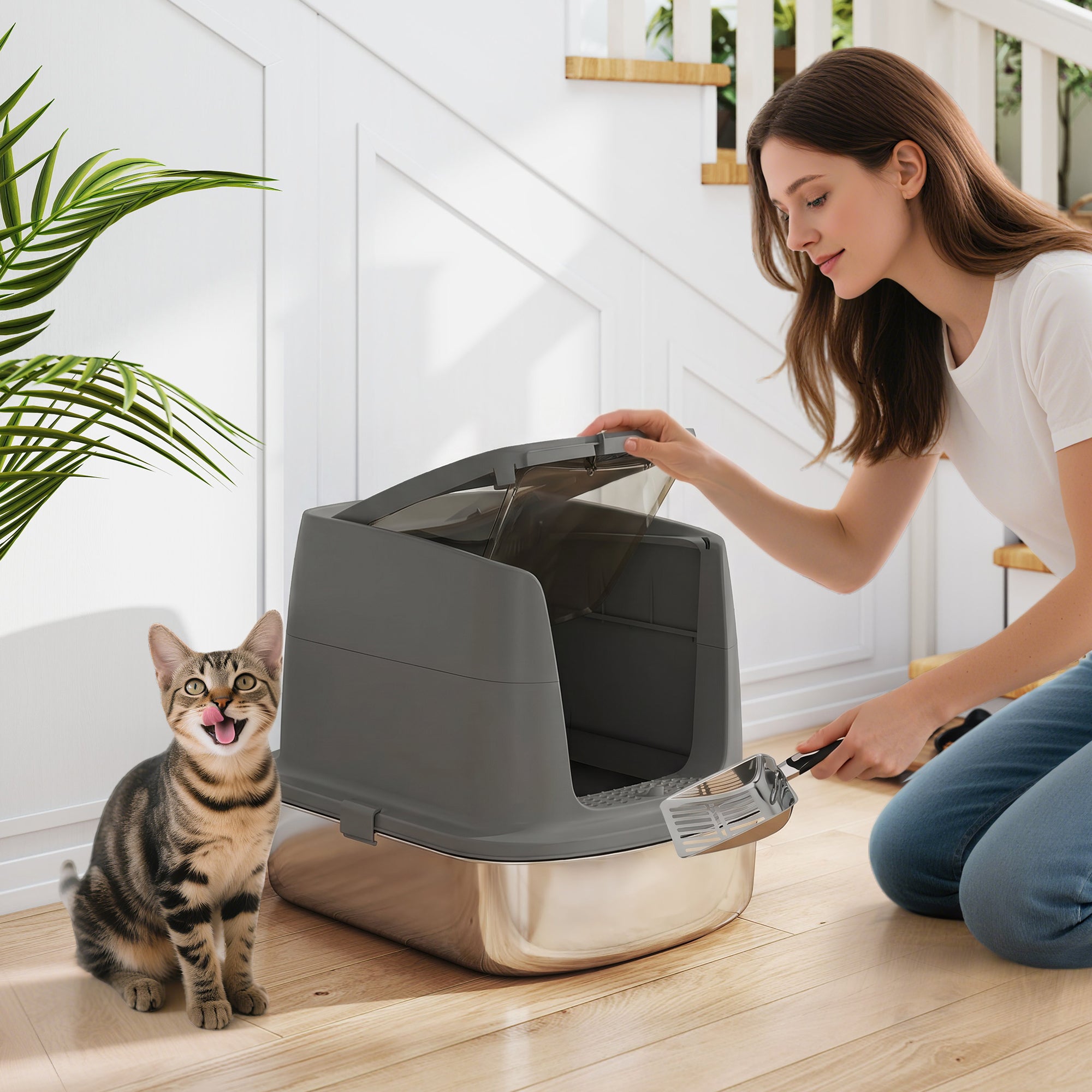 Stainless Steel Covered Cat Litter Box with Lid — Large Top/Front Entry, Metal Scoop & Deodorizer Bag, Odor-Resistant, Easy to Clean, Dark Gray
