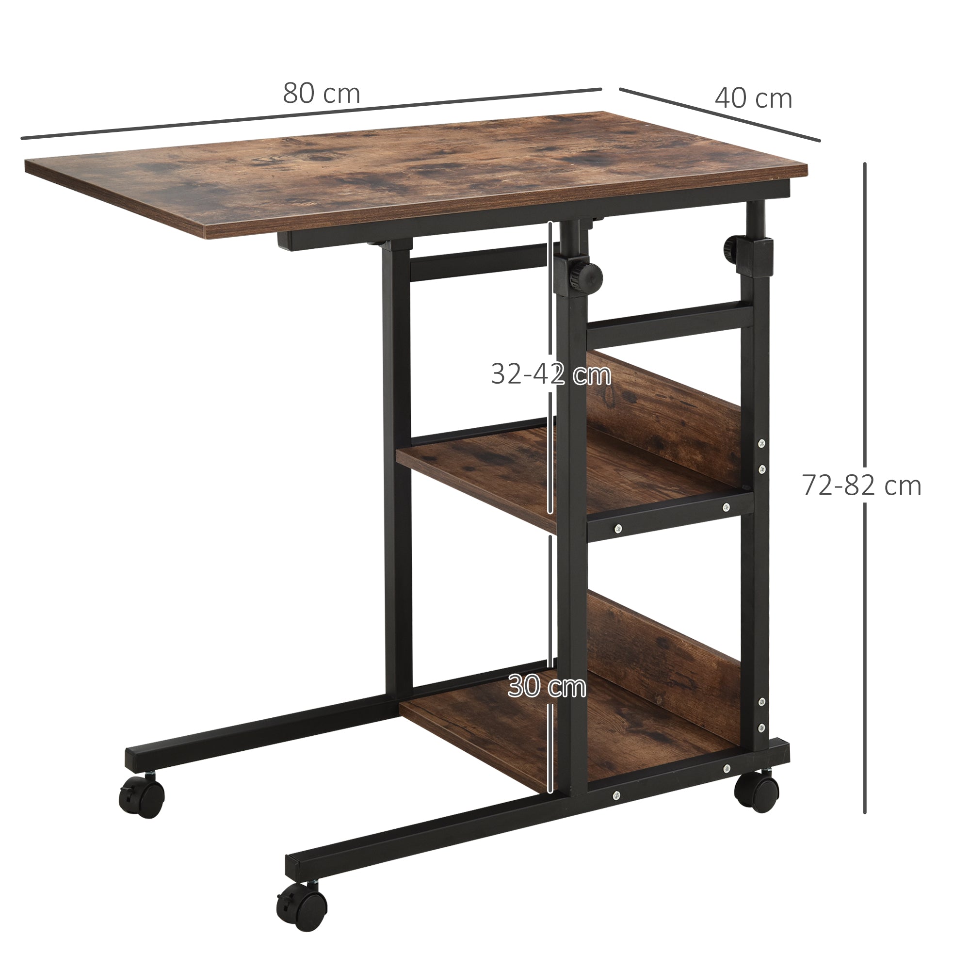Side Table Coffee Table with Wheels, Height Adjustable Desk with 2 Lower Shelves, Sofa Table Laptop Table, Bedside Table, for Dining Room Living Room, Metal, Rustic Brown, 80x40x72-82 cm
