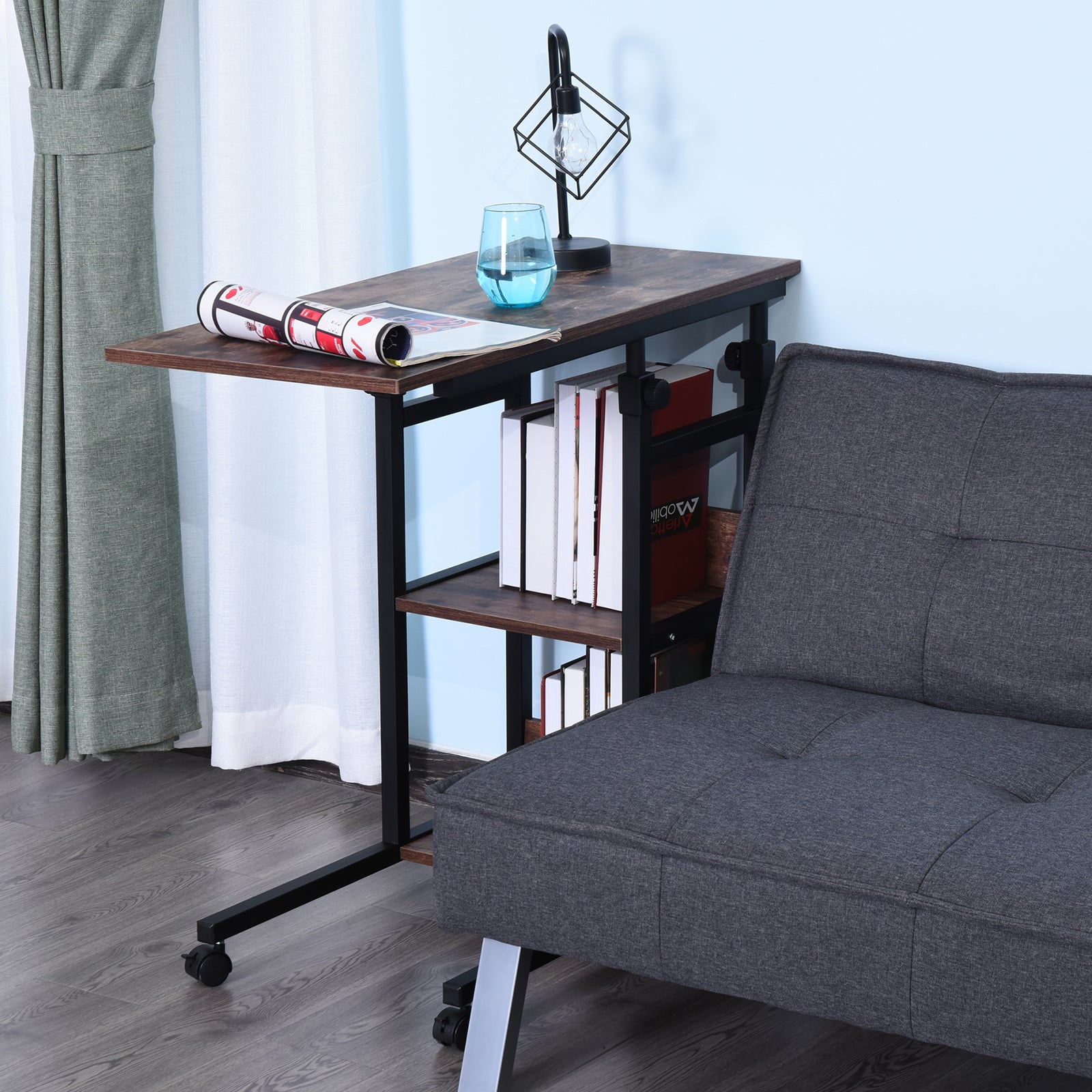 Side Table Coffee Table with Wheels, Height Adjustable Desk with 2 Lower Shelves, Sofa Table Laptop Table, Bedside Table, for Dining Room Living Room, Metal, Rustic Brown, 80x40x72-82 cm