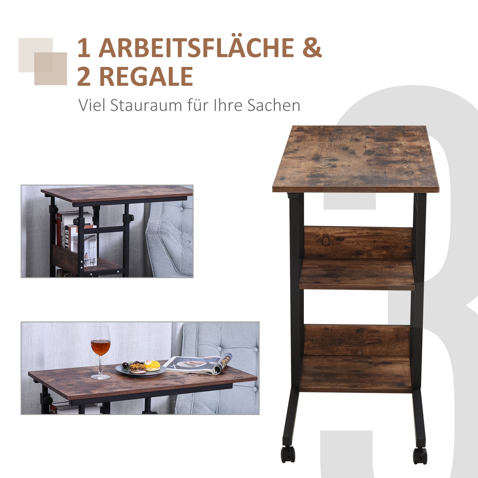 Side Table Coffee Table with Wheels, Height Adjustable Desk with 2 Lower Shelves, Sofa Table Laptop Table, Bedside Table, for Dining Room Living Room, Metal, Rustic Brown, 80x40x72-82 cm