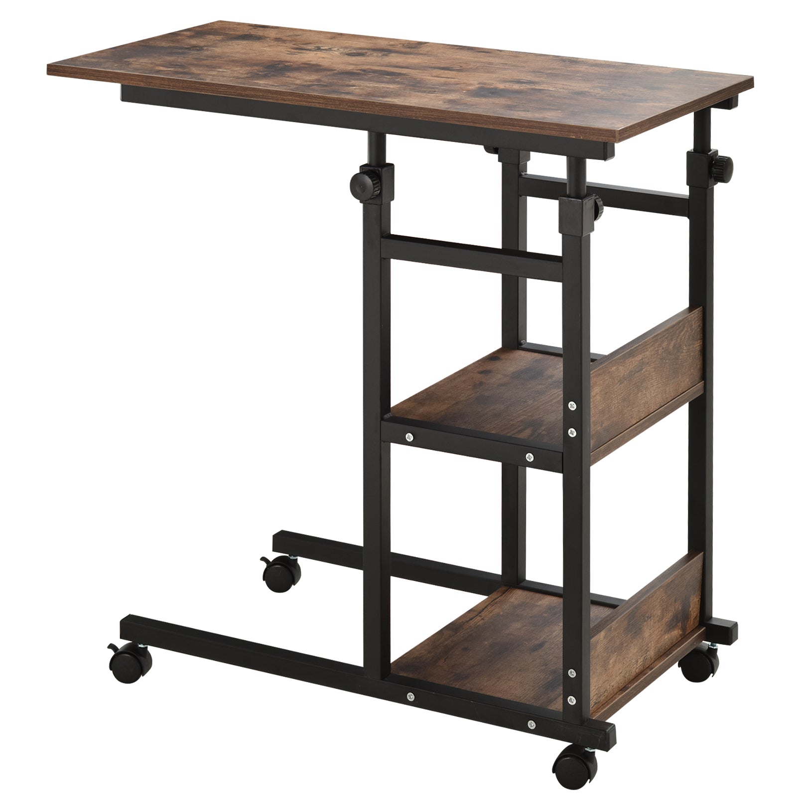Side Table Coffee Table with Wheels, Height Adjustable Desk with 2 Lower Shelves, Sofa Table Laptop Table, Bedside Table, for Dining Room Living Room, Metal, Rustic Brown, 80x40x72-82 cm